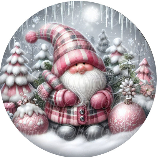 Pink and Grey Plaid Christmas Gnome Christmas Sign,  gnome Wreath Sign, Wreath Center, Wreath Attachment  Metal Sign Tiered tray sign