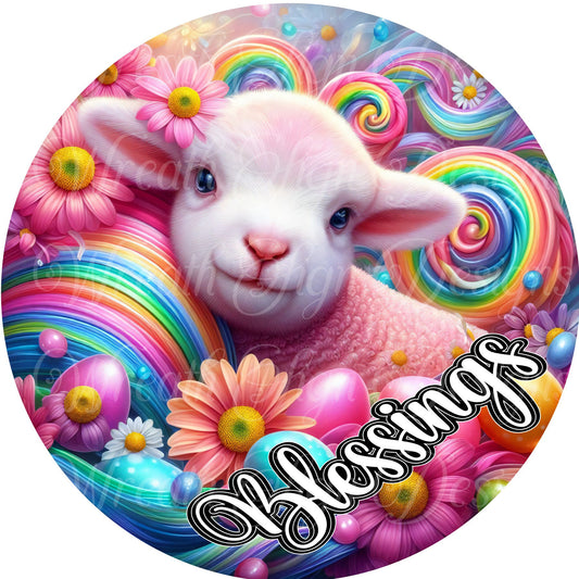 Easter Blessings, Easter Lamb round metal wreath sign, Easter eggs, Flowers, Lamb, wreath sign, center, attachment, plaque