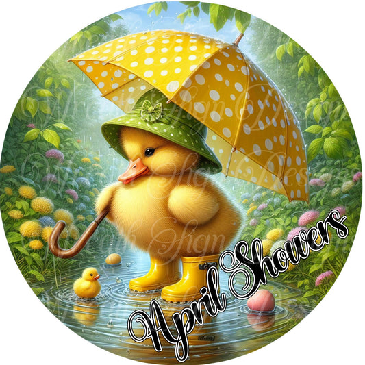 April Showers Duck in the rain,  Umbrella, Spring metal sign  Round sign, Wreath attachment, Wreath center, easter tiered tray sign