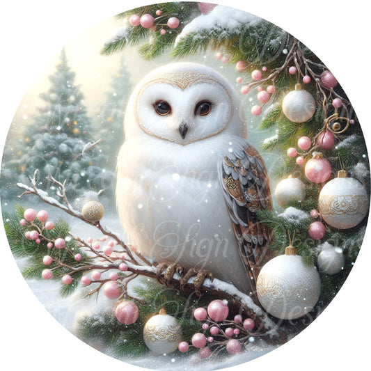 round metal sublimation wreath sign, Woodland owl, White winter owl sign, Christmas wreath center, wreath attachment