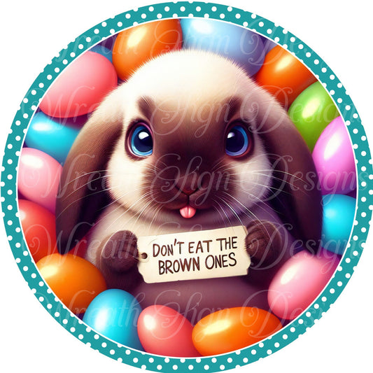 Don&#39;t Eat the brown ones Easter bunny wreath sign. Jellybean sign, round metal Easter rabbit sign, center, attachment, plaque