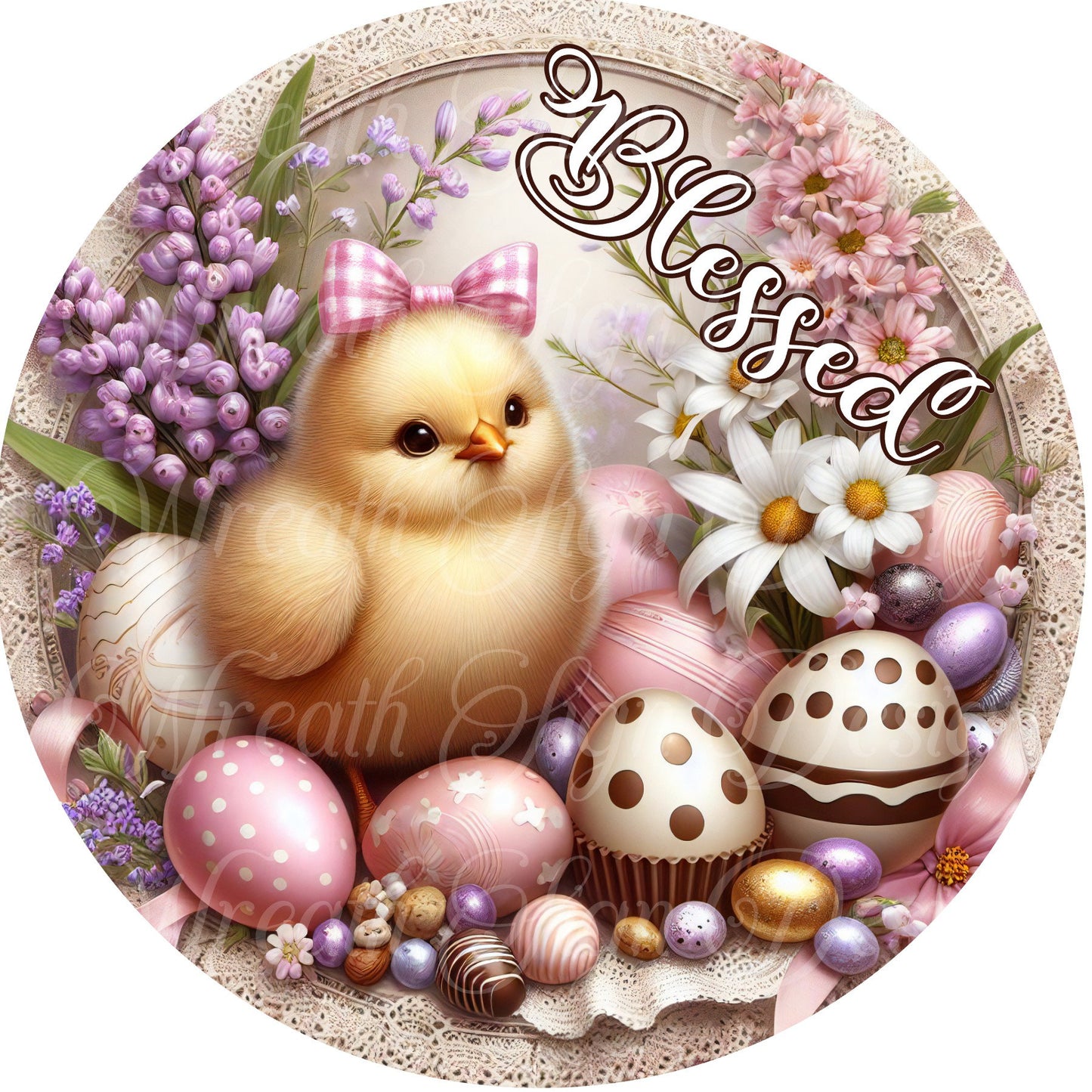Round metal wreath sign, Easter, Baby Chick, blessed spring wreath  sign, center, attachment, plaque