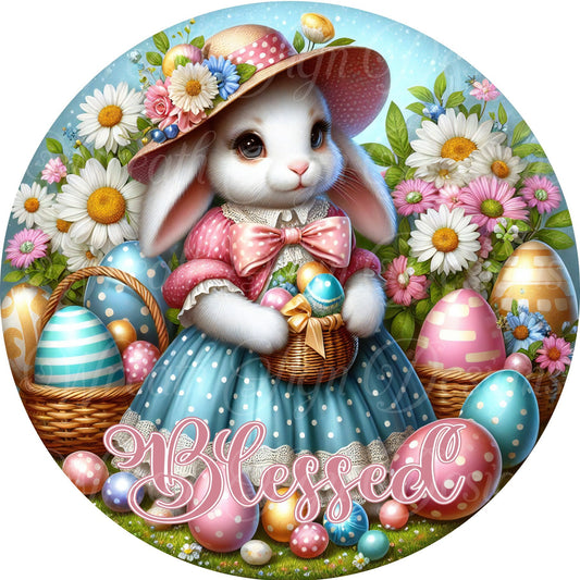 Round metal wreath sign, Happy Easter, Bunny Springtime sign, wreath center, attachment, plaque