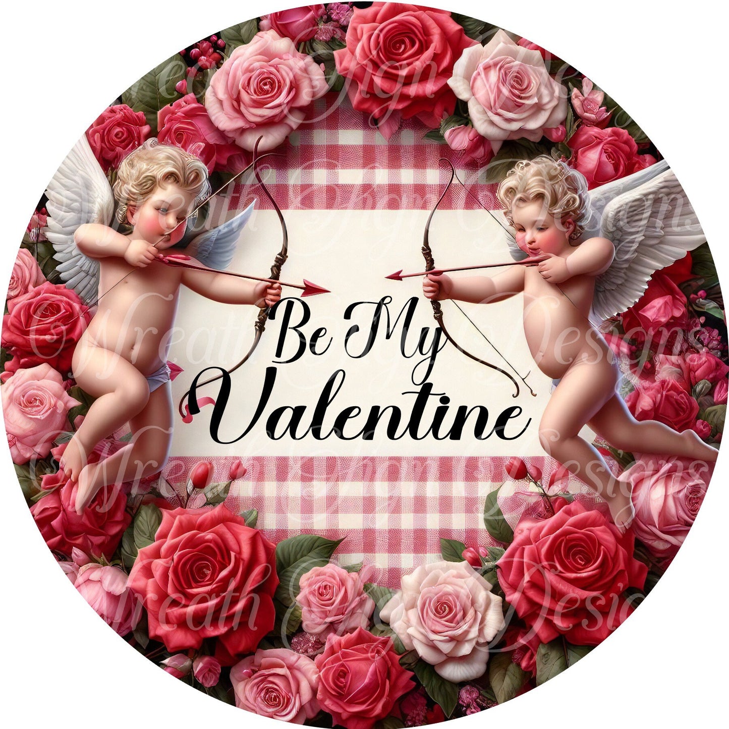Be Mine Valentine&#39;s Day Cupid Heart wreath sign, Cherub with a bow wreath center, Rose wreath attchment, plaque