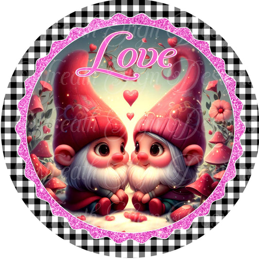 Valentine&#39;s Day Gnome Love round metal wreath sign, Love, Hearts,  Wreath center, attachment, Plaque,