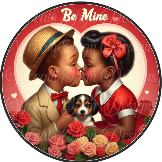 Retro look 1950s&#39;s African American, Black, Melanin children in love, Valentine&#39;s Day Be Mine Wreath sign, wreath center, plaque