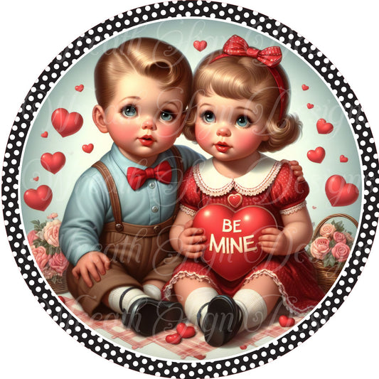 Retro look 1950s children in love, Valentines Day wreath sign. roses, Hearts,  Wreath center, attachment, Plaque,