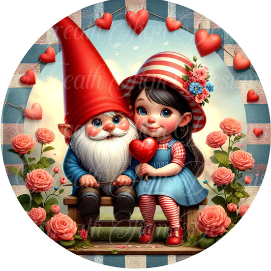 Valentine&#39;s Day Gnome in love round metal wreath sign, Love, Hearts,  Wreath center, attachment, Plaque,