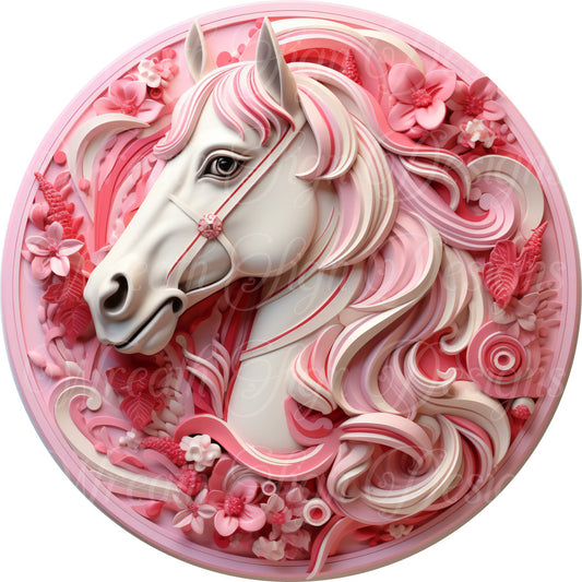 round sublimation metal wreath sign, Faux pink marble carved 3d horse sign, wild stallion sign