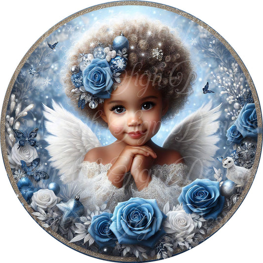 round metal sublimation wreath sign, Christmas, African American, Black  Angel, Melanin angel