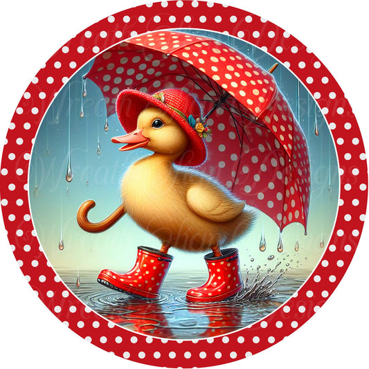 April Showers Duck in the rain,  Umbrella, Spring metal sign  Round sign, Wreath attachment, Wreath center, easter tiered tray sign
