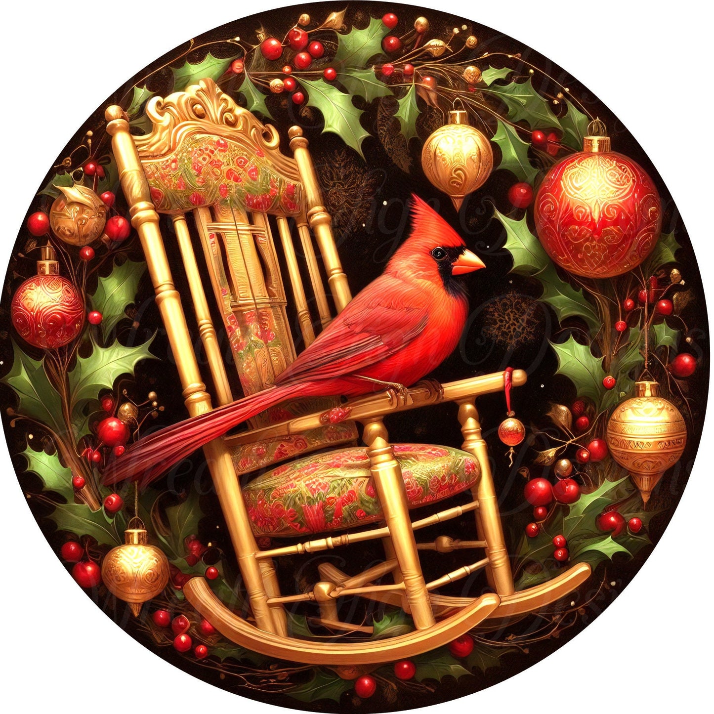 Christmas Cardinal and rocking Chair round metal wreath sign, Winter Cardinal bird sign, wreath sign, attachment, center, plaque