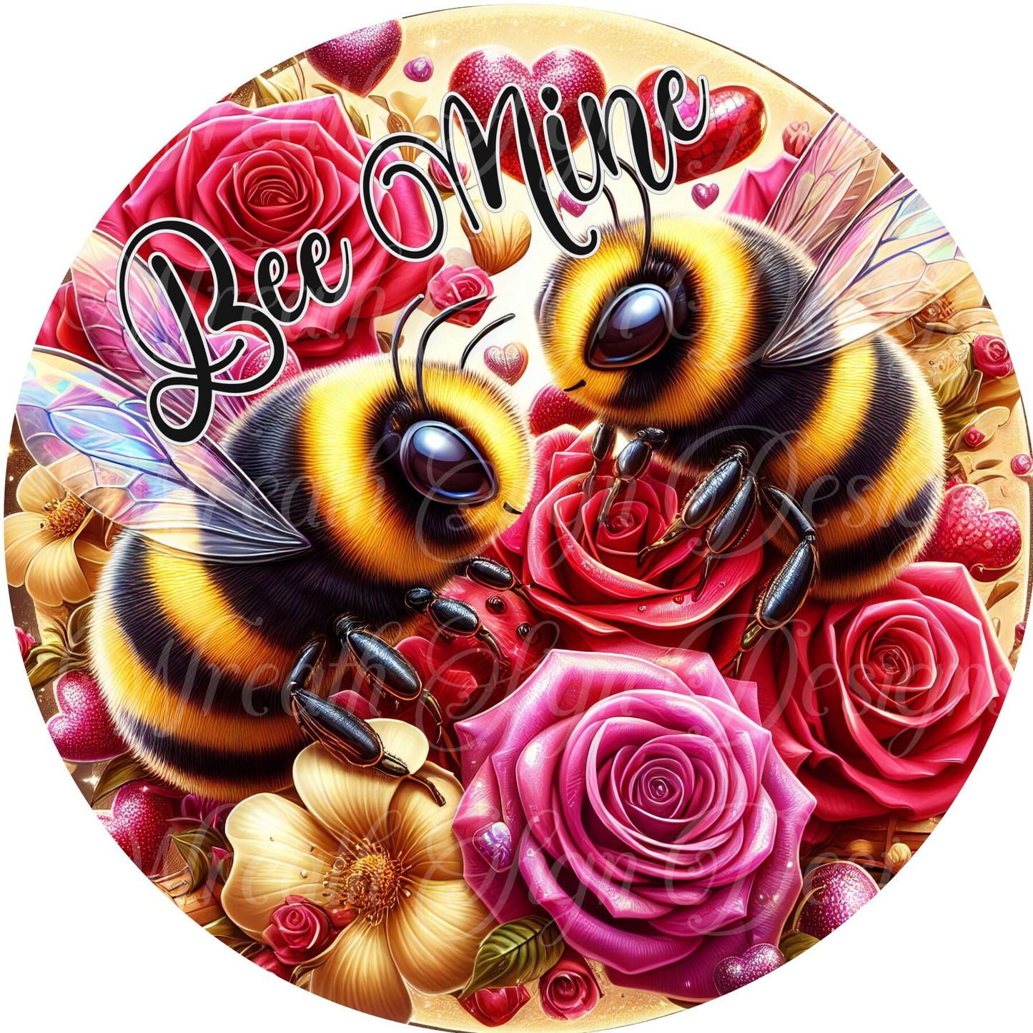 Valentine bumble bee round metal sign, love rose wreath sign, wreath center, wreath attachment, hearts, Valentine&#39;s Day, Wreath sign