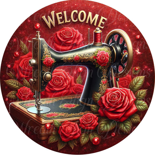 Welcome to the Sewing Room round metal wreath sign, Seamstress sign, sewer sign, sewing machine and needle, wreath center, wreath attachment