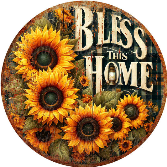 Bless this Home, Fall Sunflower faux rusty  wreath sign, Sublimated metal wreath center, Round wreath sign