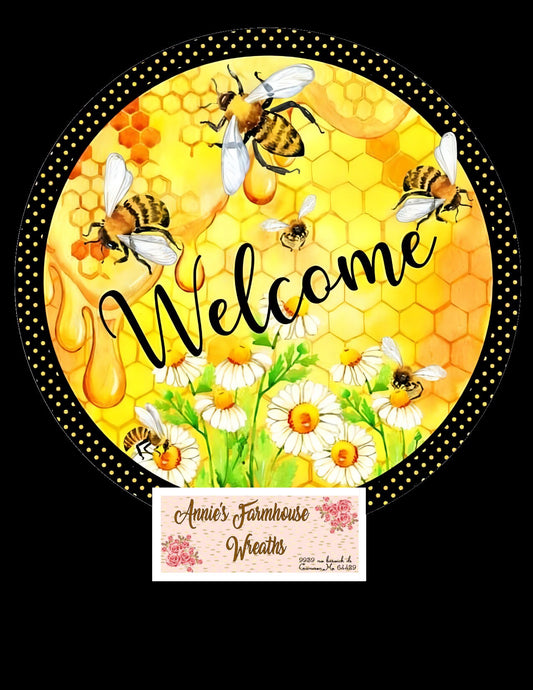 Welcome Bumble bee honeycomb round metal wreath sign, Black and yellow Sign, Wreath center, attachment, Plaque