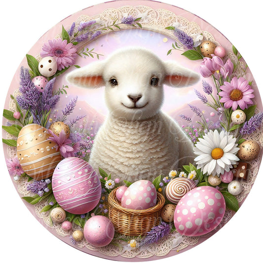 Easter Lamb round metal wreath sign, Easter eggs, Flowers, Lamb, wreath sign, center, attachment, plaque