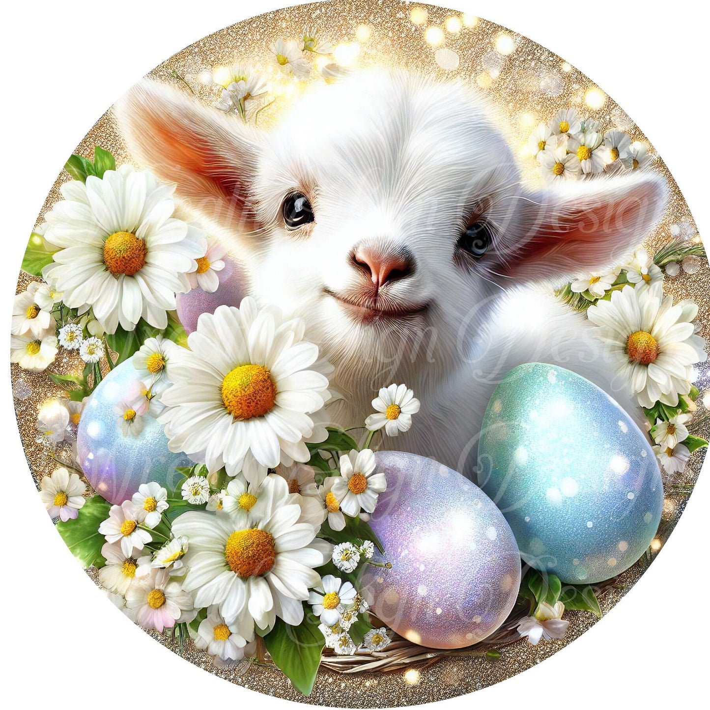 Easter Goat round metal wreath sign, Easter eggs, Flowers, Goat, wreath sign, center, attachment, plaque