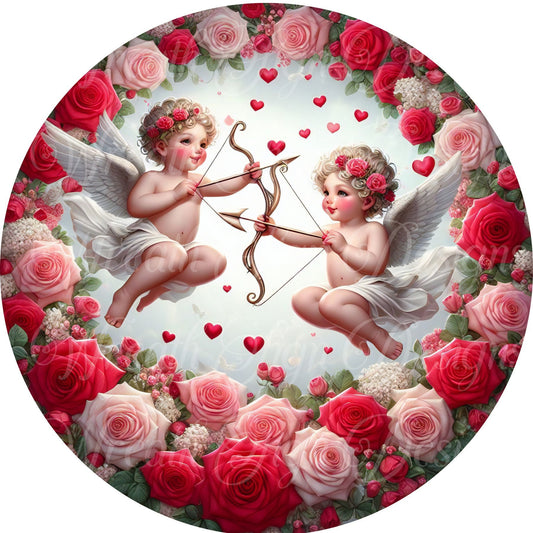 Be Mine Valentine&#39;s Day Cupid Heart wreath sign, Cherub with a bow wreath center, Rose wreath attchment, plaque