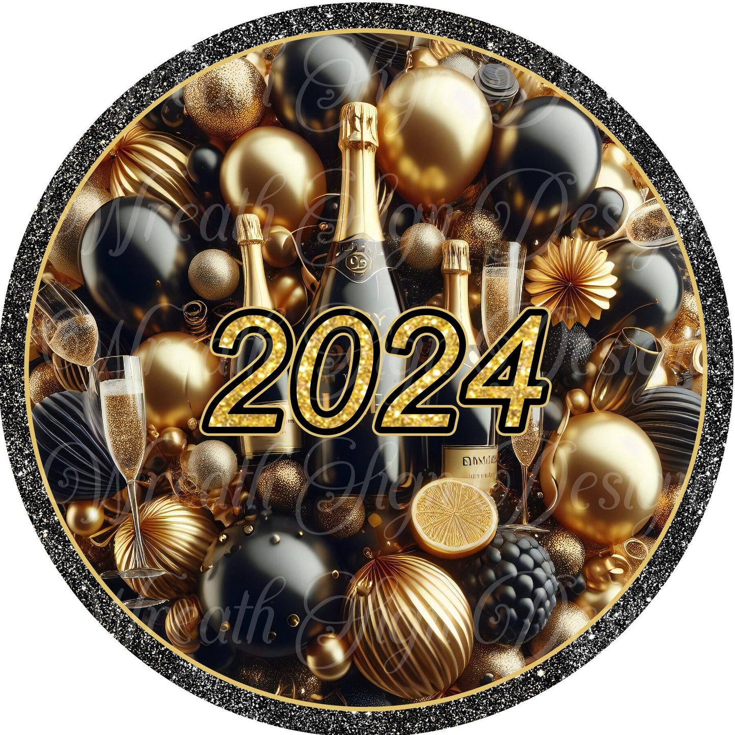 Happy New Year Round metal wreath sign, New Year&#39;s 2024 sign, Black and Gold New Years round metal wreath sign, wreath center, attachment