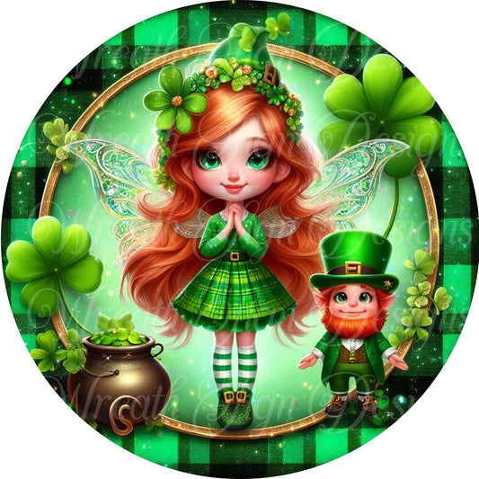 Round metal wreath sign, st. Patrick&#39;s Day, leprechaun and fairy, pixie sign. , Shamrock Welcome sign