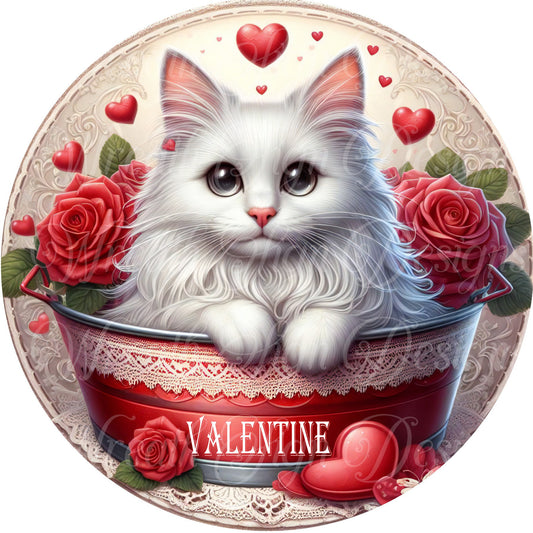 Valentine&#39;s Day cat in a tub wreath sign, Hearts roses, Wreath attachment, wreath center, Plaque, Farmhouse Valentine