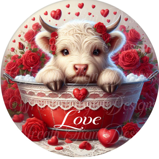 Valentine&#39;s Day Highland  Cow wreath sign, Hearts roses, Wreath attachment, wreath center, Plaque, Farmhouse Valentine