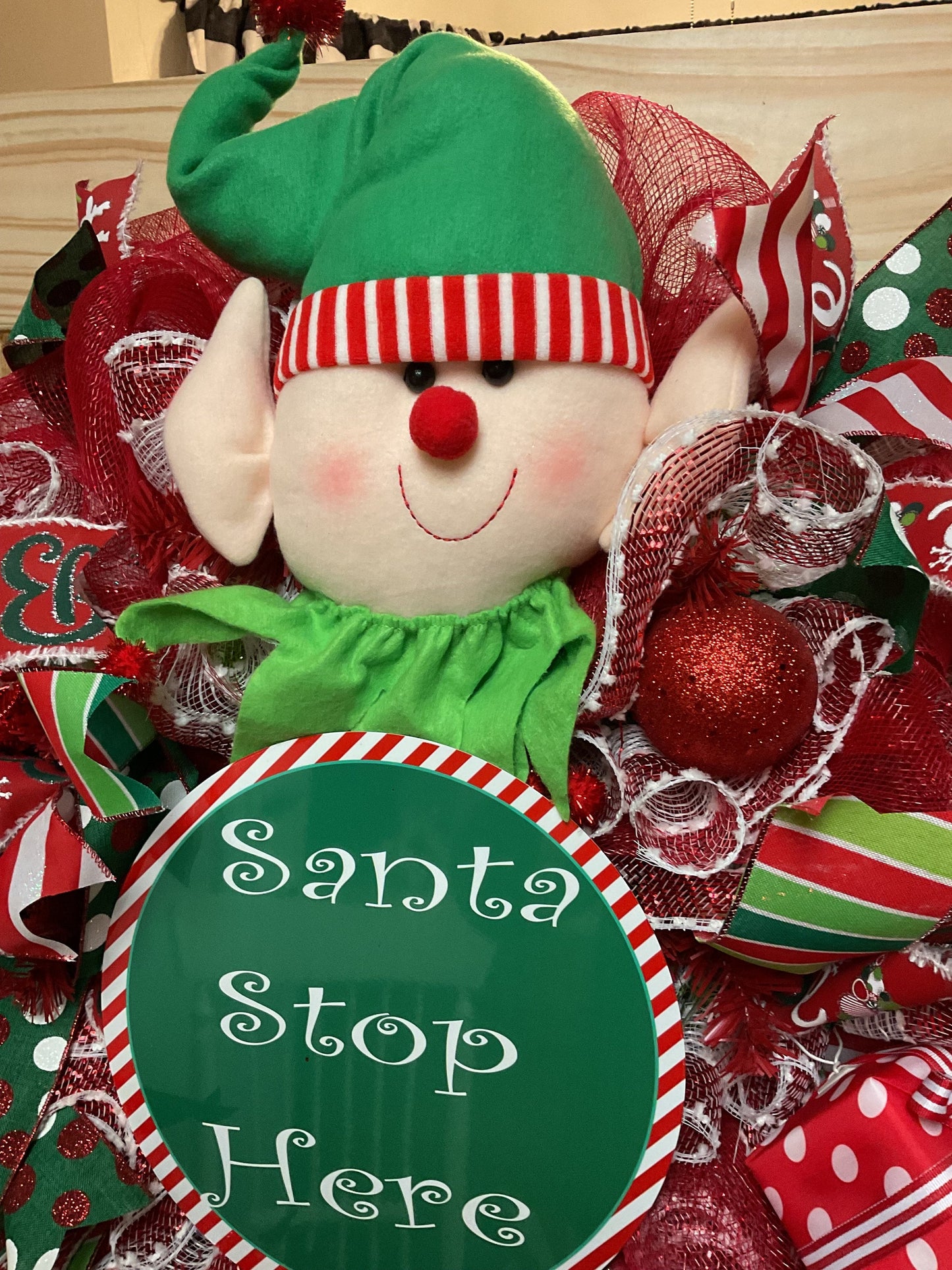 Whimsical Santa's helper elf wreath, Christmas door decor,peppermint wreath, red and green Christmas wreath