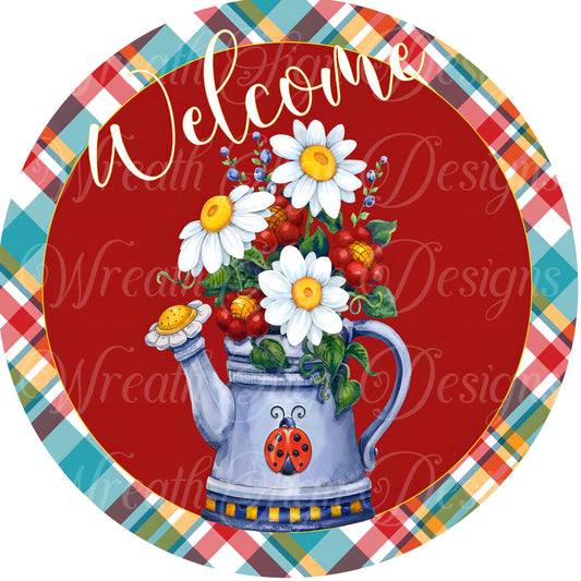 Welcome Watercan and flowers wreath sign, ladybugs and daisies, wreath sign, center, attachment, plaque