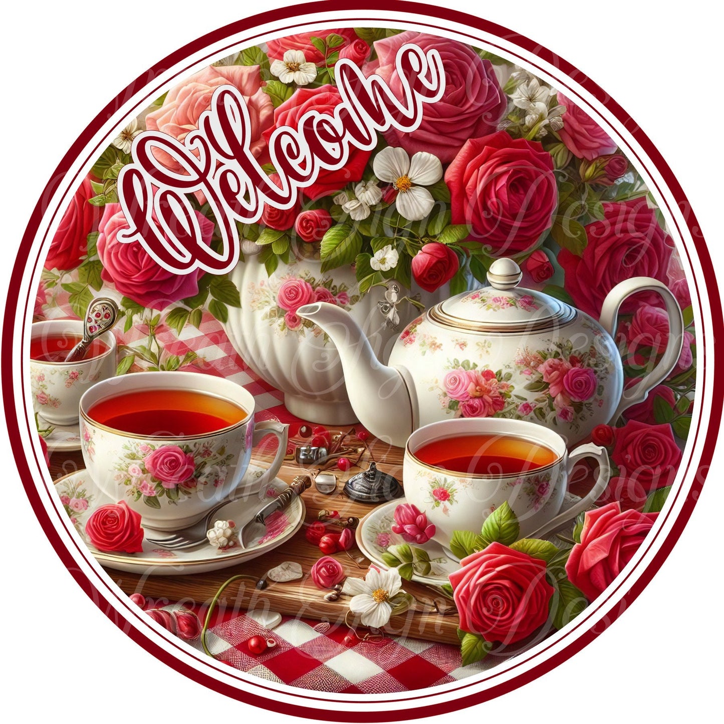 Welcome springtime tea party sign, Roses and teacup,  wreath sign, center, attachment, plaque