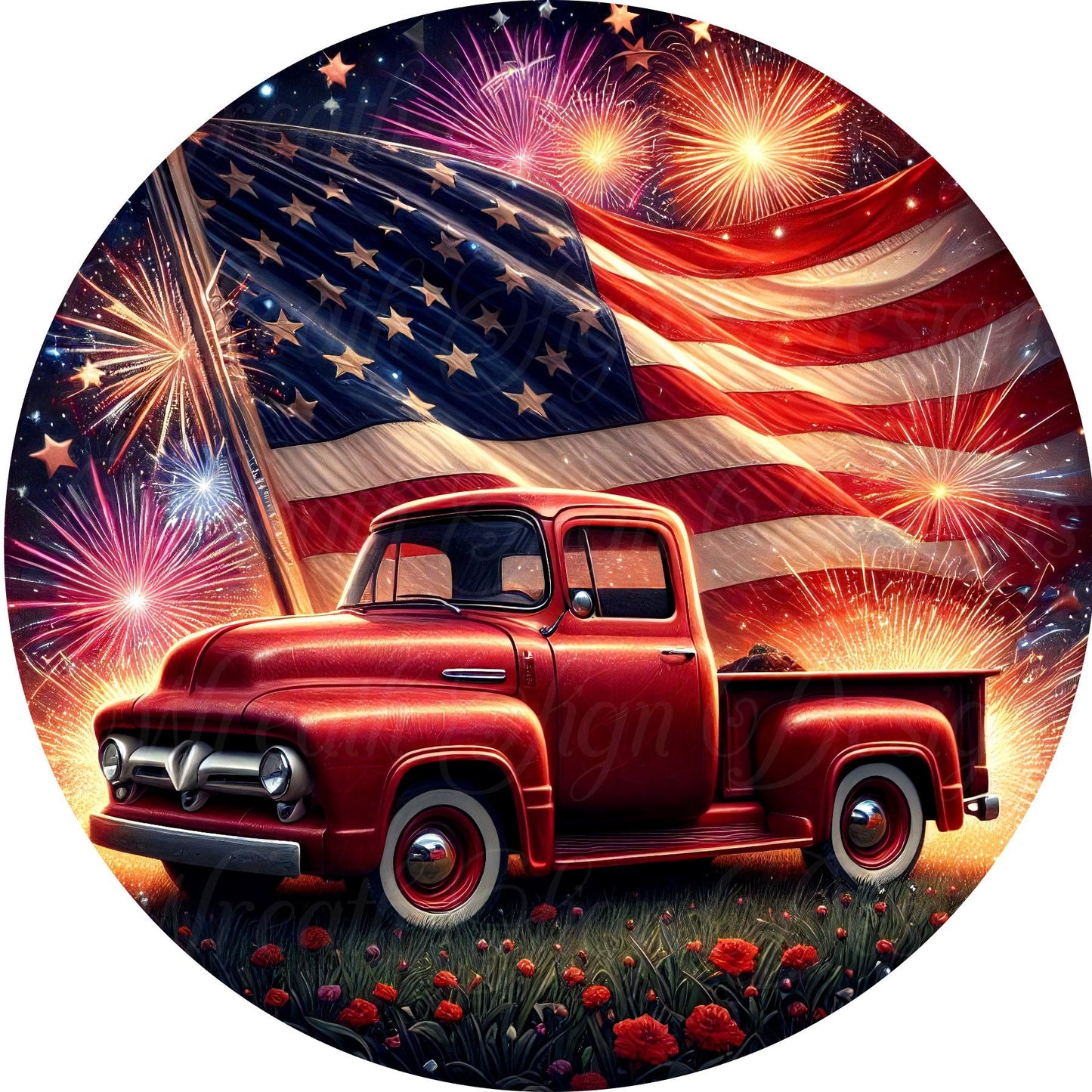 Patriotic, Americana Old Red Truck round metal sign, Independence Day patriotic round sign, wreath sign, wreath center, wreath