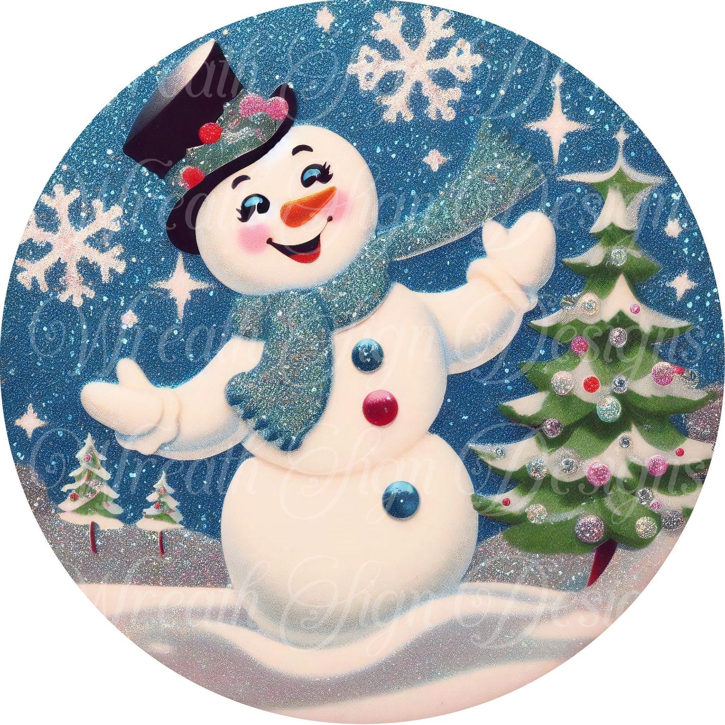 Retro Vintage Christmas snowman sign, round metal sign, Christmas sign, Winter wreath sign, wreath center, wreath attachment, Welcome Sign