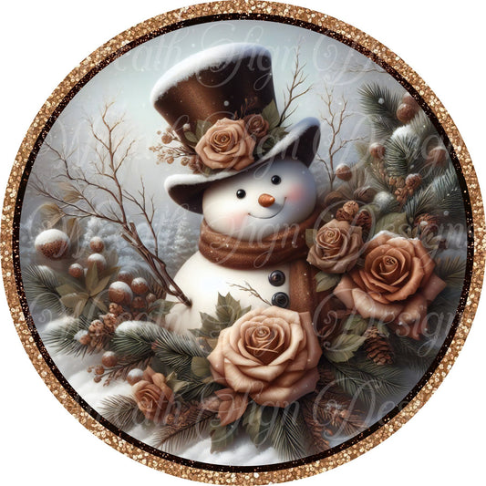 Brown Snowman Christmas round metal sign, Tan and brown roses, Snowman, snowflakes, winter wonderland wreath sign, wreath center, attachment