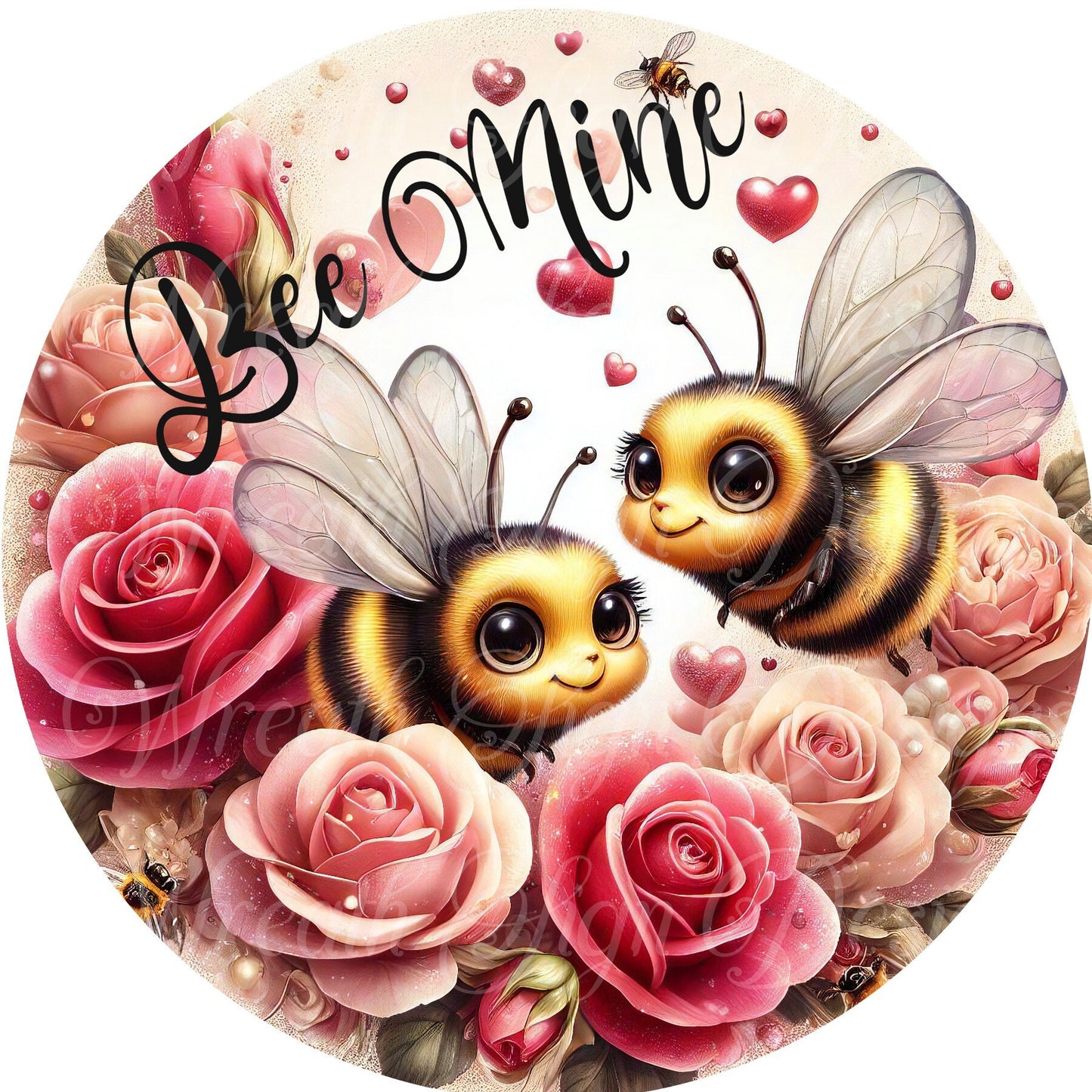 Valentine bumble bee round metal sign, love rose wreath sign, wreath center, wreath attachment, hearts, Valentine&#39;s Day, Wreath sign