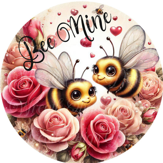 Valentine bumble bee round metal sign, love rose wreath sign, wreath center, wreath attachment, hearts, Valentine&#39;s Day, Wreath sign