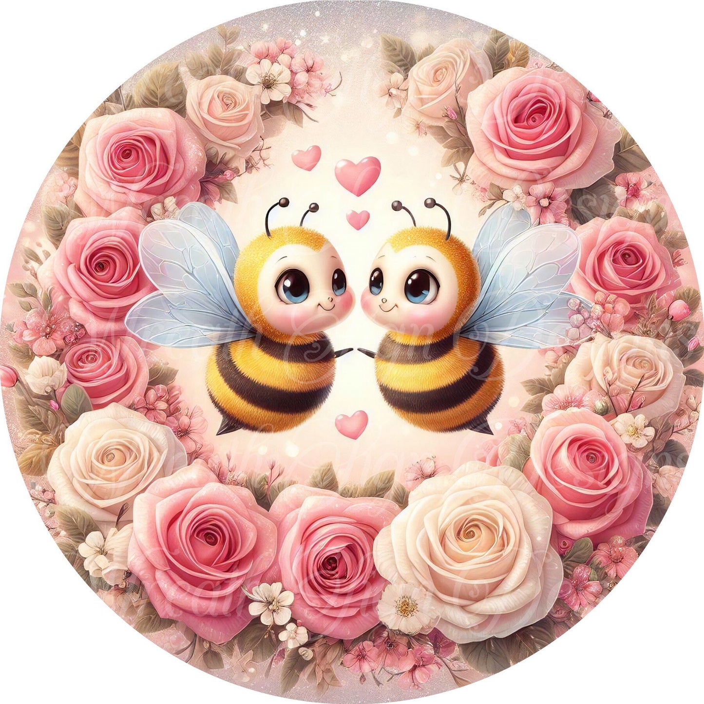 Valentine bumble bee round metal sign, love rose wreath sign, wreath center, wreath attachment, hearts, Valentine&#39;s Day, Wreath sign