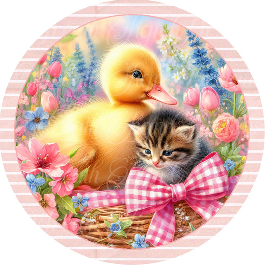 Kitten and Duck friends Spring Easter Wreath sign, wreath center, attachment plaque