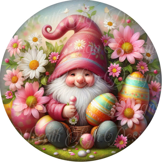 Easter Gnome with daisies and colorful Easter Eggs round metal wreath sign, wreath center, wreath attachment, plaque