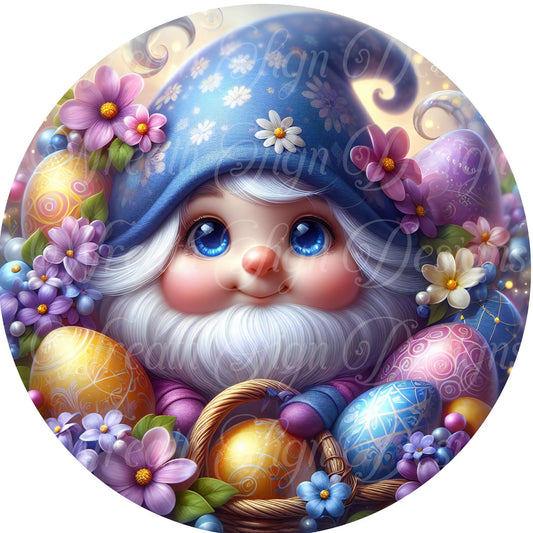 Easter Gnome with lilacs and colorful Easter Eggs round metal wreath sign, wreath center, wreath attachment, plaque