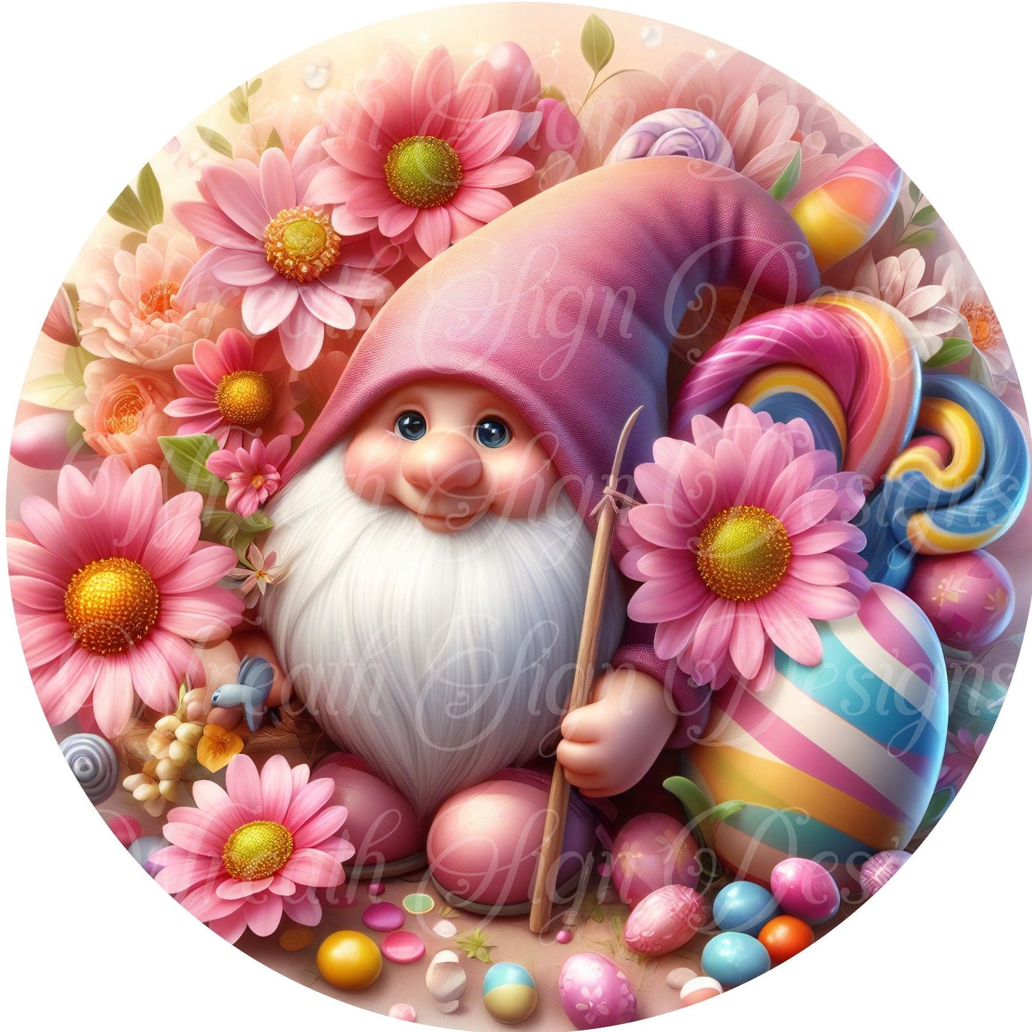 Easter Gnome with daisies and colorful Easter Eggs round metal wreath sign, wreath center, wreath attachment, plaque