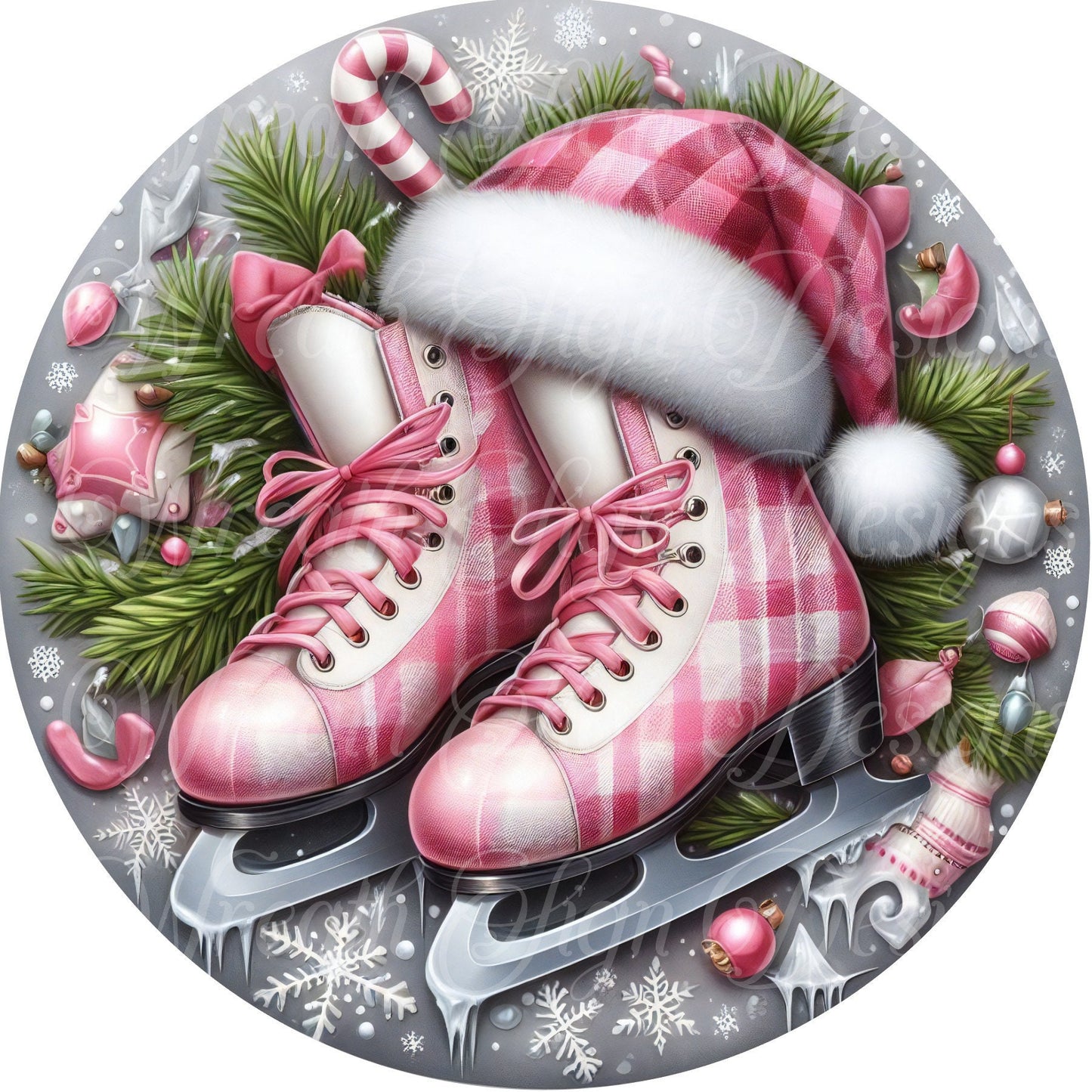 Welcome Winter,  pink Ice Skates and snowflakes, round metal sign, Christmas sign, Winter wreath sign, wreath center, wreath attachment