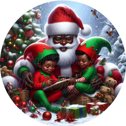 Santa and the Christmas Elves wreath sign, elf sign, African American Elf, wreath sign, center, attachment, plaque