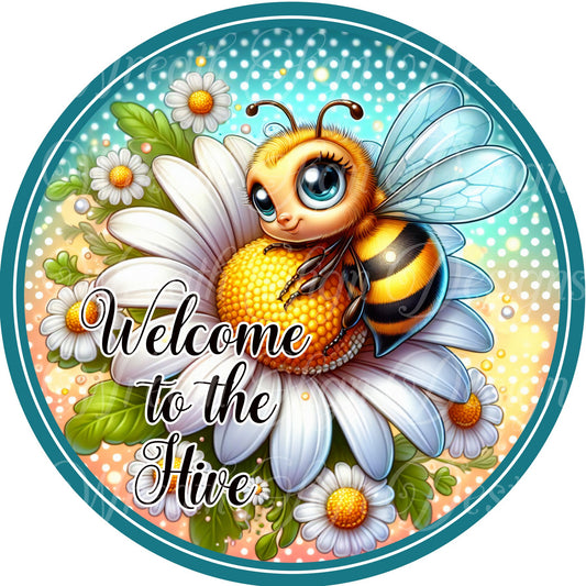 Welcome door sign, Bumble bee, bee sign, welcome to the hive metal wreath sign, Round sign,  attachment Wreath center, tiered tray sign