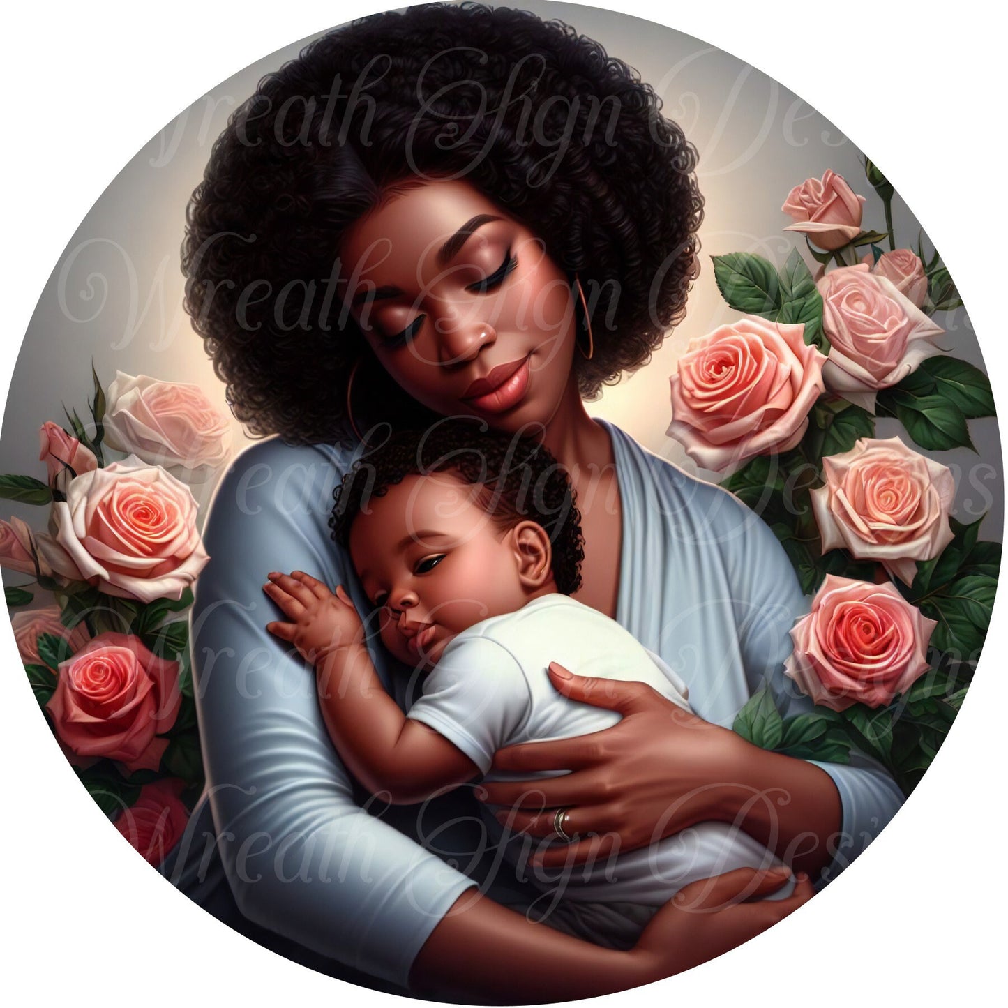 Mother&#39;s day sign, African American black mother and child, metal wreath sign, Round sign,  attachment Wreath center, tiered tray sign