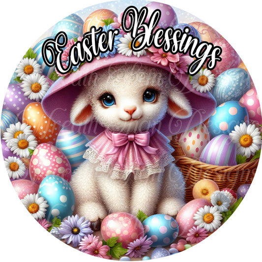 Easter Blessings, Easter Lamb round metal wreath sign, Easter eggs, Flowers, Lamb, poka dots, wreath sign, center, attachment, plaque