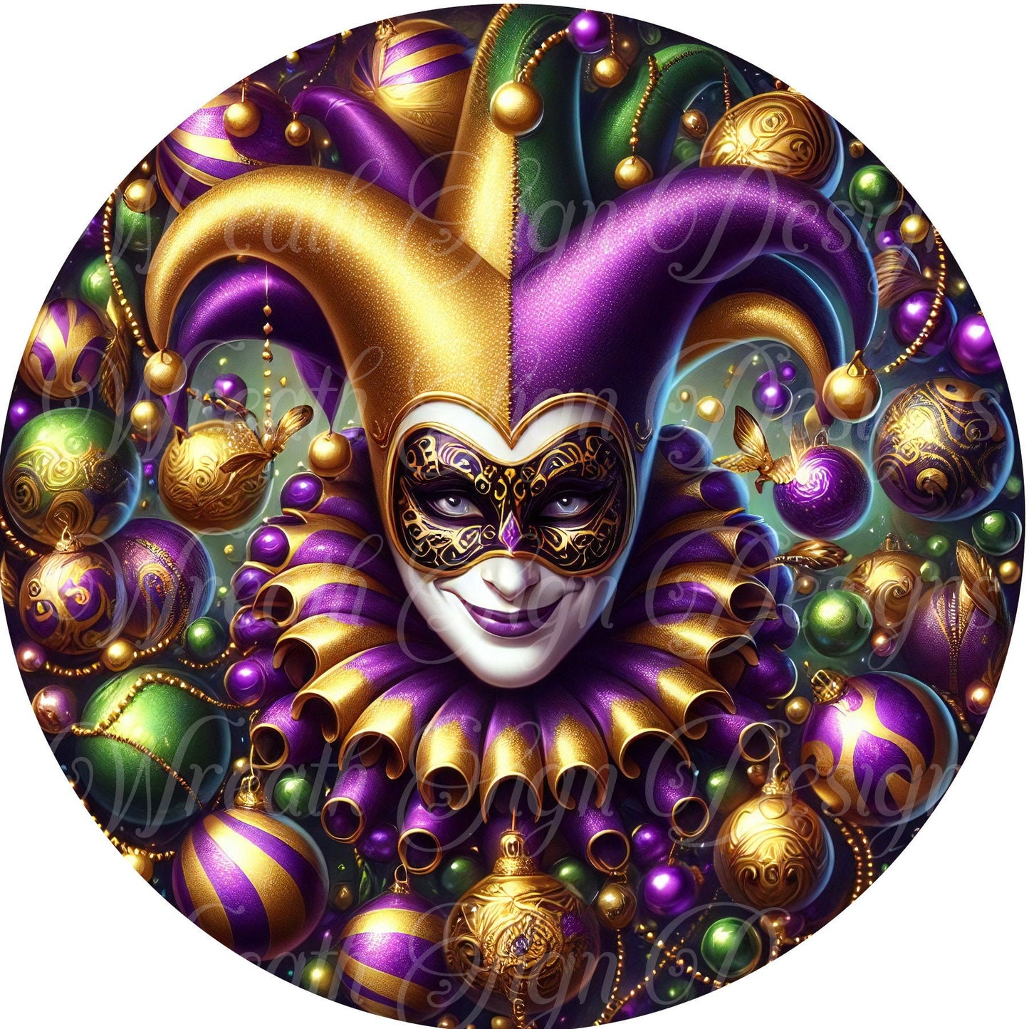 Mardi Gras jester round metal wreath sign, Carnival.  Fat Tuesday celebration sign, Louisiana wreath sign, wreath center, attachment