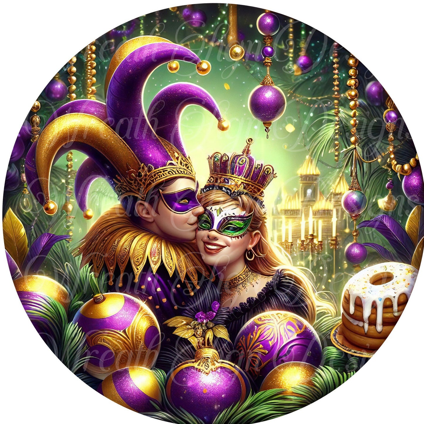 Mardi Gras jester round metal wreath sign, Carnival.  Fat Tuesday celebration sign, Louisiana wreath sign, wreath center, attachment