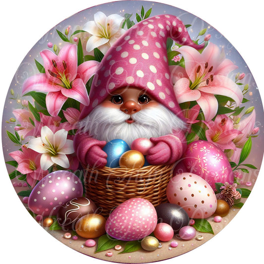 Easter African American, BLack, Gnome with daisies and colorful Easter Eggs round metal wreath sign, wreath center, wreath attachment plaque
