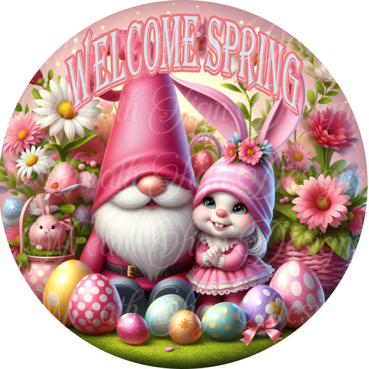 Easter Gnome Round metal wreath sign, Wreath Center, Wreath attachment, Door Hanger, pink Easter gnome circle sign,