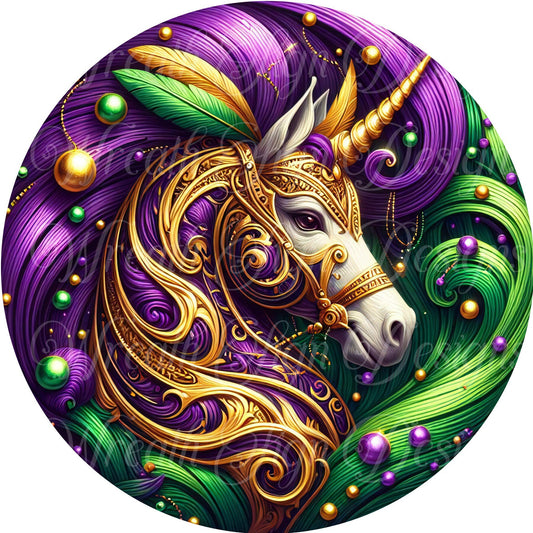 Mardi Gras Unicorn round metal wreath sign, Carnival.  Fat Tuesday celebration sign, Louisiana wreath sign, wreath center, attachment